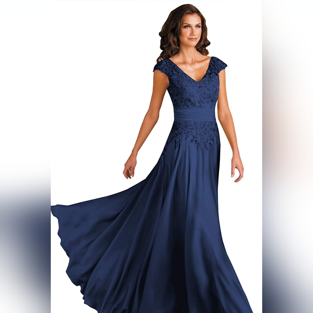 Women's V-Neck A-Line Lace Chiffon Mother of The Bride Dress Long Evening Gown